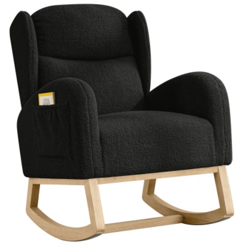 Muumblus Wingback Glider Rocking Chair for Baby Nursery, Adult, Indoor, Black Teddy
