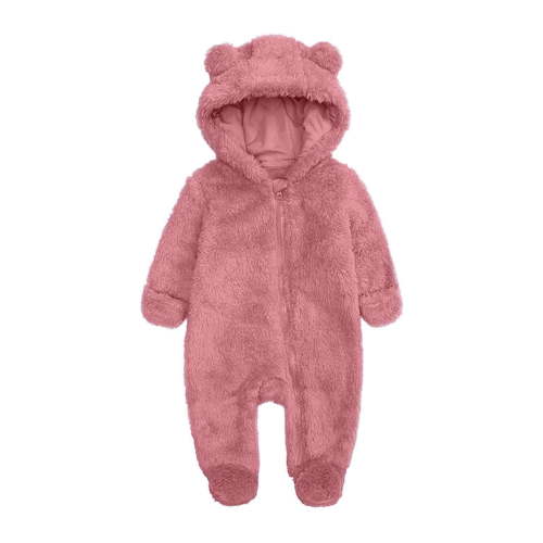 Busydd Baby Girl Clothes 0-12 Months Warm Fuzzy Unisex Newborn Infant Baby Winter Clothes Cute Solid Color Baby Girl Romper Long Sleeve Zipper Hooded Onesie