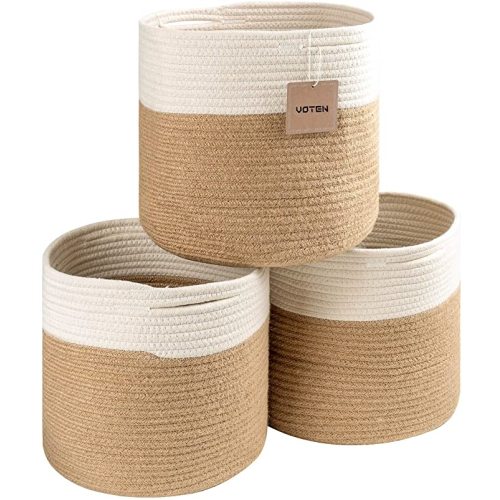voten Storage Cubes Baskets Bins Organizer 11x11x11'' Fit 12x12''Cube Bookcases Shelves,Durable Woven Cotton Storage Basket for Organizing,Round 3Pack Off White/Camel