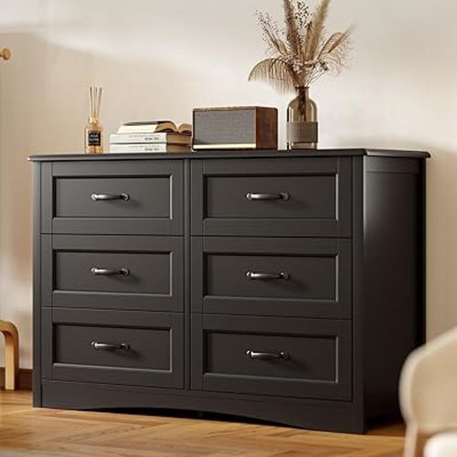Gizoon 6 Drawer Dresser for Bedroom，47'' Larger Chest of Drawers with Mental Handle for Kids Room, Black Dresser with 6 Storage Drawers for Living Room, Entryway and Hallway, Black