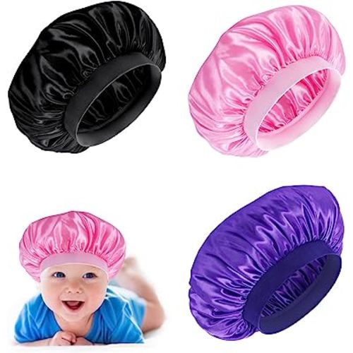 Prasacco 3 Pieces Kids Satin Bonnet Baby Bonnet Sleeping Cap Soft Silk Night Hats Colorful Satin Cap for Baby Girls Boys Natural Hair Teens Toddler Child Baby (Solid Color)
