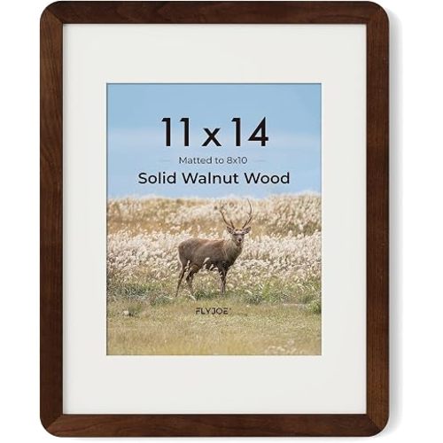 FLYJOE 11x14 Picture Frame - Solid Walnut Wood Frame With Mat For 8x10, 11x14 Poster Frame, Plexiglas and Hanging Hardware Included, 11 By 14 Picture Frame Wood, Natural Walnut