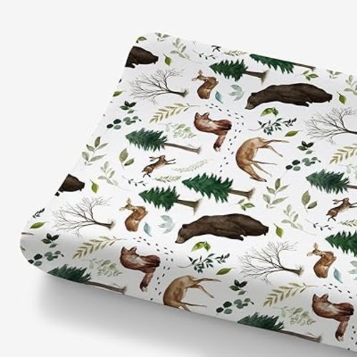 HawSkgFub Woodland Animals Pine Tree Changing Pad Cover for Baby Girl Boy, Natural Forest Bear Deer Fox Diaper Change Table Covers, Soft Stretchy Safe Snug Fitted Changing Mat Sheets Fit 32"/34" x 16"