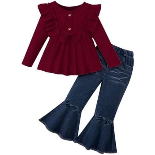 Toddler Girl Clothes Solid Color Ruffle Bowtie Top and Flare Pants Headband 3Pcs Winter Baby Girl Outfits