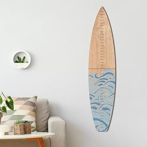 Wooden Surfboard Growth Chart Wall Mounted Kids Surfboard Growth Height Chart Ruler 9.5" Wide x 46'' Tall Hanging Wooden Growth Chart for Kids Nursery Bedrooms (Blue,Wave)