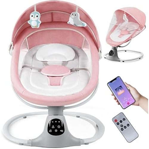 Electric Baby Swing for Infants to Toddler, Portable Swing Baby Rocker with 5 Point Harness, 5 Sway Speed, Bluetooth,12 Preset Lullabies with Remote Control, Infant Swing for Baby Boys & Girls, Pink