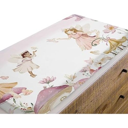 Baby Girls Changing Pad Covers Fairy Tale Pink Floral, Purple Mushroom Flower Safe Snug Fitted Diaper Table Sheet, Soft Breathable Stretchy Change Mat Shower Gift Fit 32 34 x 16