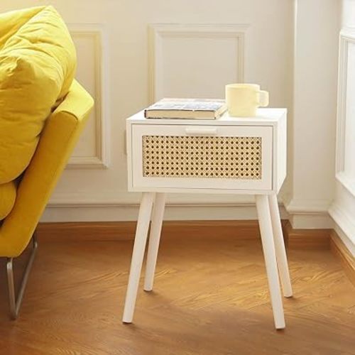 AWASEN White Rattan Nightstand, Modern Bedside Table with Rattan Drawer, End Table with Storage and Solid Wood Legs for Bedroom Living Room Small Space (White)
