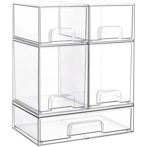 Stackable Storage Drawers Set of 5, Clear Plastic Organizer Bins for Beauty Supplies,Ideal for Vanity, Bathroom,Cabinet,Pantry Organization