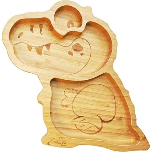 Toddler Plates, Bamboo Baby Suction Plates, Bamboo Suction Plates for Toddlers, Stay Put Feeding Plates, Wooden Divided Plate, Baby Dishes, Kids Plates, BPA Free | Rex_Green