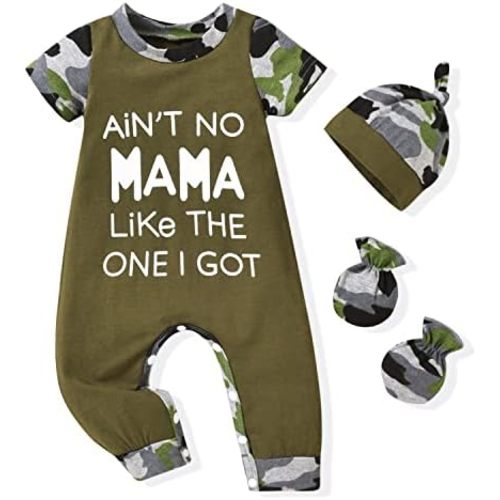 HINTINA Newborn Baby Boy Romper Coming Home Outfits Letter Printed Jumpsuit Hat Glove Outfits