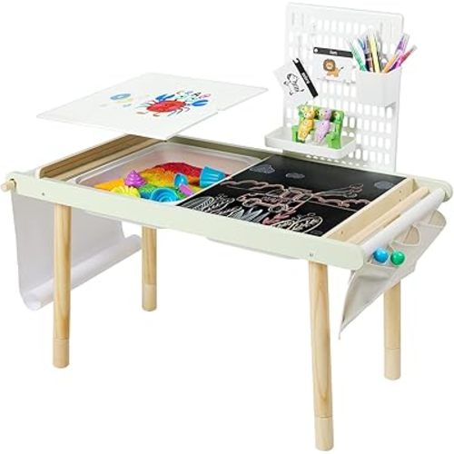 Sensory Table for Toddlers 1-3 Kids Activity Table with Storage Bins & Paper Roll Holder Wooden Kids Play Sand & Water Draw Study with Pegboard Gift Boy Girl Adjustable Leg
