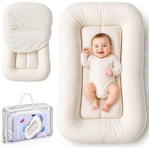 Infant Support Cushion - Organic Soft Cotton Baby Support Cushion for Newborn 0-24 Months, Breathable Portable Pad for Home and Travel, Washable Cover Included, Ideal Baby Essentials Gift, Cloud-CS
