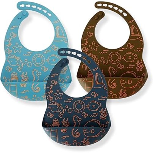 Set of 3 Silicone for Babies - Waterproof, Soft, Unisex Baby Bibs for Eating, 10-72 Months - Blue, Brown, Light Blue Silicone Bibs