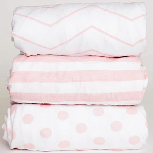 3 Fitted Bassinet Sheets Pink Set for Baby Girl - 100% Oeko-TEX Cotton - Chevron, Polka Dot and Stripe - for Cradle/Moses Basket Hourglass, Oval & Rectangle Mattress Sheet