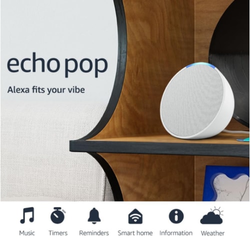 Amazon Echo Pop (newest model), Full sound compact smart speaker with Alexa, Glacier White