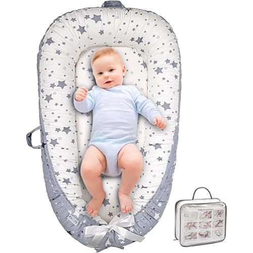 Baby Lounger, Ultra Breathable Cotton Soft Baby Newborn Lounger, Portable Lightweight Adjustable Infant Floor Seat for Travel, Newborn Essentials Baby Registry Search(Stars)