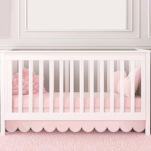 Scalloped Crib Skirt 28"x 52" with Drop Pleated Dust Ruffle with Split Corners for Baby Boys Girls Soft 4-Sided Crib Bed Skirt Nursery Standard Toddler Bedding (14" Drop,Pink)