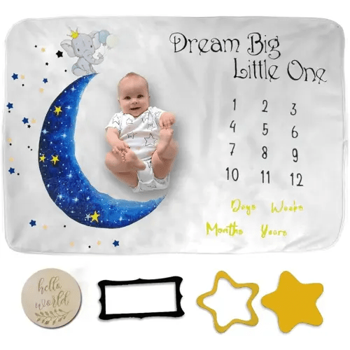 Baby Milestone Blanket Boy and Girl- Elephant and Moon Design, Baby Boy Gifts, Nursery Decor Baby Shower, Newborn Baby Blanket, Baby Growth Chart Blanket, Baby Milestone Blanket 50x40