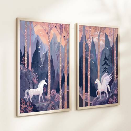 Unicorn and Pegasus Print Set, Enchanted Forest Watercolor Wall Art, Magical Fairytale Decor, Fantasy Storybook Theme Artwork, Fairy Core
