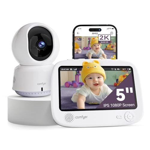 Comfyer Smart WiFi Baby Monitor - 5" 1080P Split Screen & 2K Camera App Control, Motion Alerts, HD Night Vision, 5050mAh Battery, 2-Way Talk, Multi-User, Triple Security, 1600ft Range