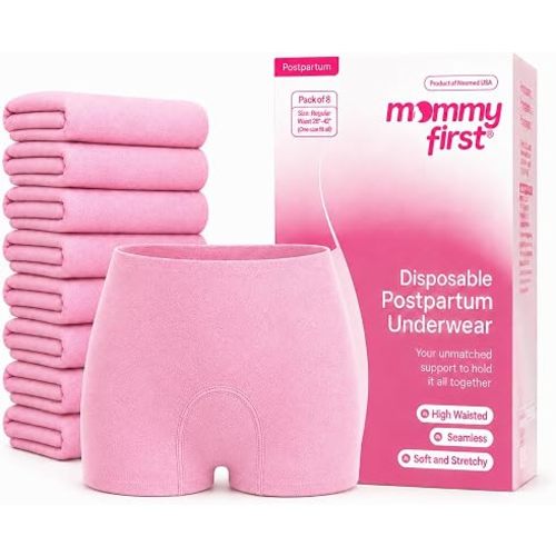 Mommy First® High-Waisted Disposable Postpartum Underwear | Soft, Supportive, Stretchable Maternity Panties for C-Section & Vaginal Delivery | Postpartum Essential | Waist 27"-36" | Pack of 8 Pink