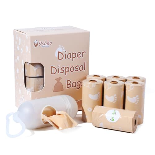 USBOO Diaper Bags Disposable, Biodegradeable Dirty Diaper Bag (8 Refill Rolls/120 Pack) with Dispenser | Essential for Travel and Quick Change on The Go | Baby Poop Bags | Unscented