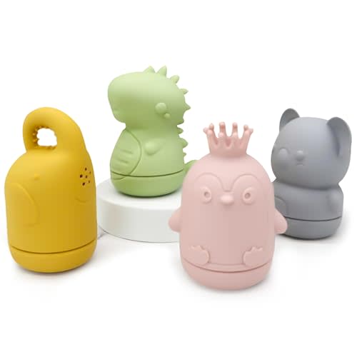 Ay-Bear Silicone Baby Bath Toys, Soft, Squeezable and Squirting toys for toddler, Design for Easy Cleaning and Non-Toxic, Swimming Pool toys, Pack of 4, Includes: Elephant, Koala, Dinosaur and Penguin