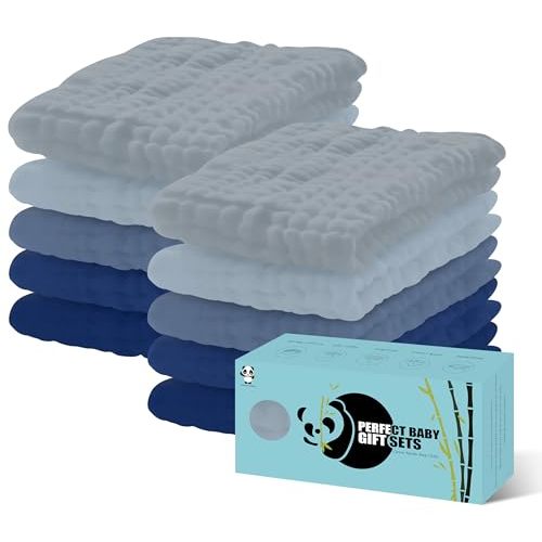 HIPHOP PANDA 10 Pack 6-Layers Muslin Burp Cloths Large - Durable 100% Cotton - Extra Absorbent and Soft Boys & Girls Rags for Newborn Registry (Grey+Navy Series, 20" X10")