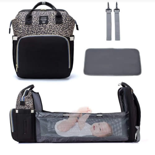 Diaper Bag With Foldable Crib for Baby | Large Capacity Diaper Backpack | Portable Folding Crib Mommy Bag | Tots&Travel – Niagara Blue