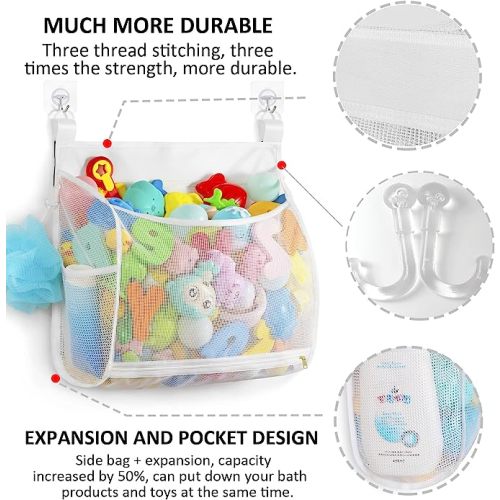 Baby Mesh Bath Toy Organizer, Multiple Ways to Hang, Ultra Large Capacity & Large Opening, Bathroom Toy Holder, Bath Toy Storage Bag With 2 Side Pockets (Large White)