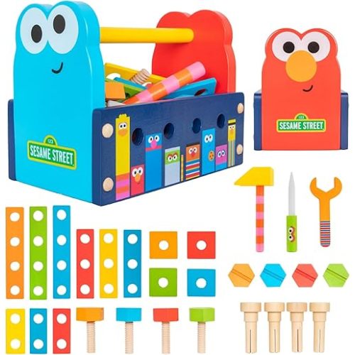 Kids Preferred Sesame Street Wood Toolbox with Building Toys for Toddlers