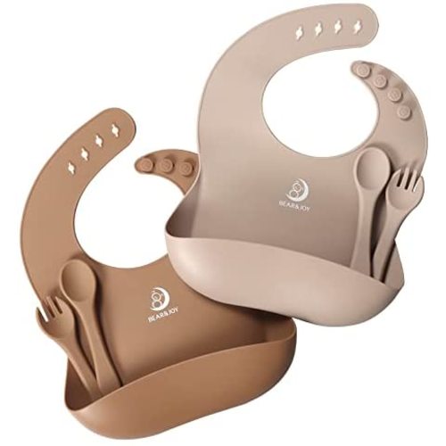 Bear&Joy Silicone Bibs for Babies, 2 Pack Baby Bibs with Spoon Fork, Soft Adjustable Fit Waterproof Bibs, Feeding Bibs with Food Catcher Pocket for Toddlers Girls Boys Kids - Dark Yellow/Grayish Brown