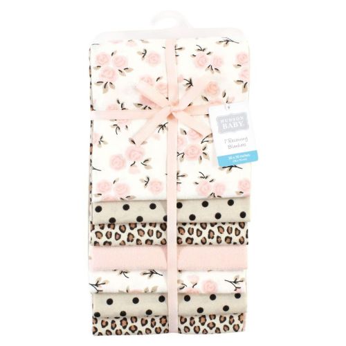 Hudson Baby Infant Girl Cotton Rich Flannel Receiving Blankets Bundle, Neutral Pink Floral, One Size