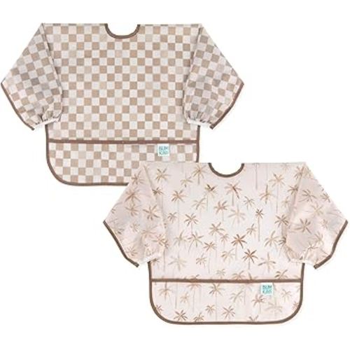 Bumkins - Sleeved Bib - For Boys & Girls, Babies & Toddlers 6-24 Months - Lightweight, Durable, Waterproof - Long Sleeve Bib - Catch-All Pocket - Wipeable & Machine Washable - Checks & Palms - 2 Pack