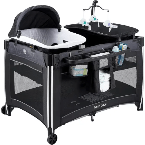 Pamo Babe 4 in 1 Baby Playards with Bassinet & Changing Table, Portable Crib Breathable Mesh and Toy Mobile