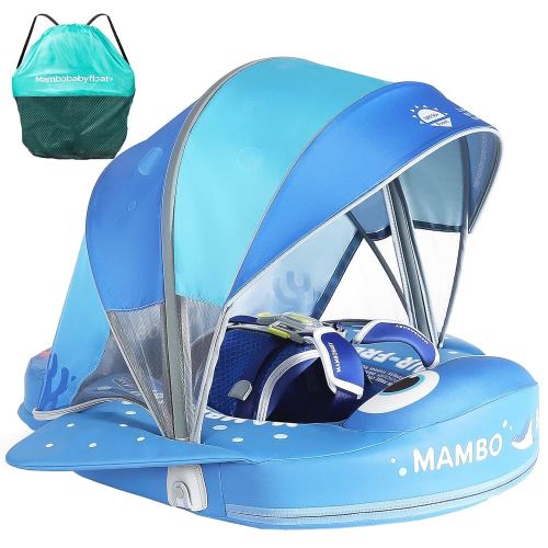 Mambobaby Float with Canopy & Portable Backpack Skin-friendly Baby Swim Float with Tail Waterproof Non-Inflatable Mambo Float Smart Swim Trainer Soft Solid Infant Pool Float 3-24 months Baby Swim Ring