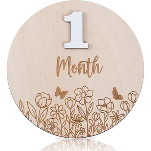 Wildflower Baby Monthly Milestone, Wooden Baby Milestone Signs, Monthly Milestone Wood Discs, Baby Photo Props Cards Interchangeable Number Set of 12 for Baby Growth Recording