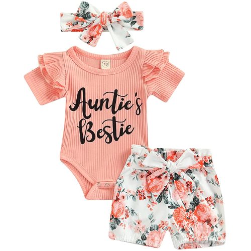 Newborn Baby Girl Auntie Outfits Auntie's Bestie Short Sleeve Ribbed Romper Floral Shorts Clothes with Headband