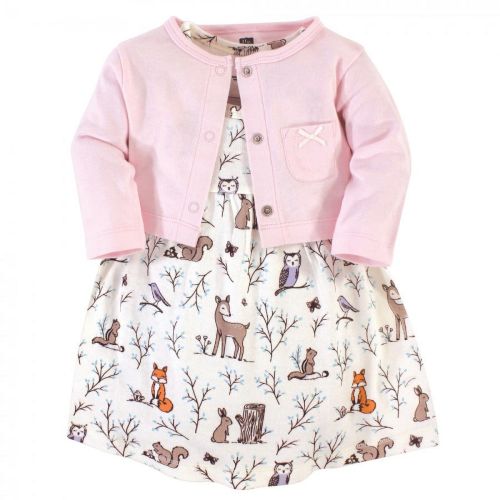 Hudson Baby Infant and Toddler Girl Cotton Dress and Cardigan 2pc Set, Enchanted Forest, 5 Toddler