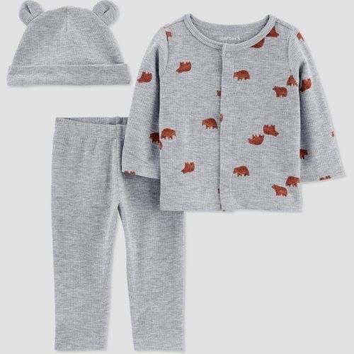 Carter's Just One You® Baby 3pc Bear Thermal Top & Bottom Set with Hat - Gray, Size: 6M