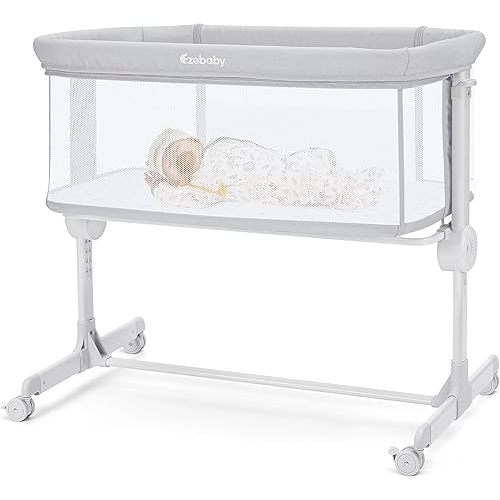Ezebaby Baby Bassinet, Bedside Bassinet for Baby, Portable Baby Bassinets Bedside Sleeper for Newborn Baby Infants with Adjustable 7 Heights and All Mesh Sides, Mattress & Sheet Included