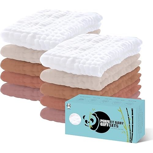 HIPHOP PANDA 10 Pack 6-Layers Muslin Burp Cloths Large - Durable 100% Cotton - Extra Absorbent and Soft Boys & Girls Rags for Newborn Registry (White+Bean Paste Series, 20" X10")