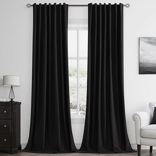 Guken Black Linen Blackout Curtains 84 Inch Length 2 Panels Set for Living Room Bedroom Back Tab Thermal Insulated 100% Black Out Linen Drapes Room Darkening Window Curtains 84 Inches Long