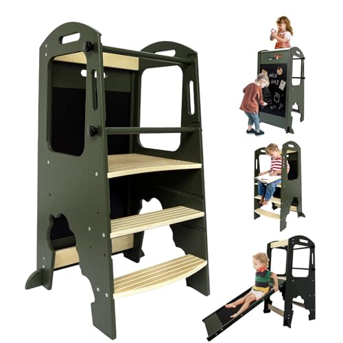 Toddler Kitchen Step Stool,Kids Standing Tower, Removable Anti-Drop Railing Safety Rail,A Anti-tip Structure More Stable, Natural Wooden