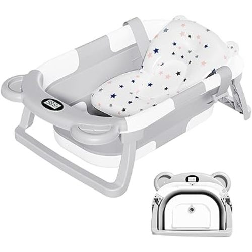 MoreFeel Collapsible Baby Bathtub for Newborn with Thermometer & 1 Hooded Towel & 1 Soft Floating Cushion,Portable Travel Bathtub with Drain Hole, Durable Foldable Baby Tubs for Infants to Toddler