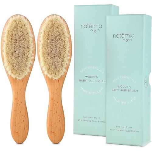 Natemia Soft Bristle Baby Hair Brush Set - 2 Pack Wooden Brushes for Newborns, Toddlers, and Baby Registry Gift