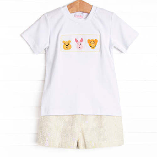 Fun Friends Smocked Short Set, Yellow Seersucker – Stitchy Fish