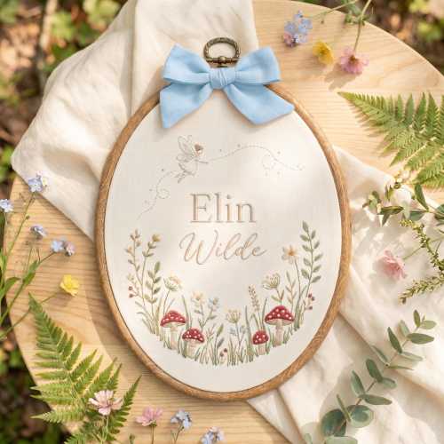 Personalized Woodland Baby Name Hoop Art, Mushroom Fairy Garden Nursery Decor