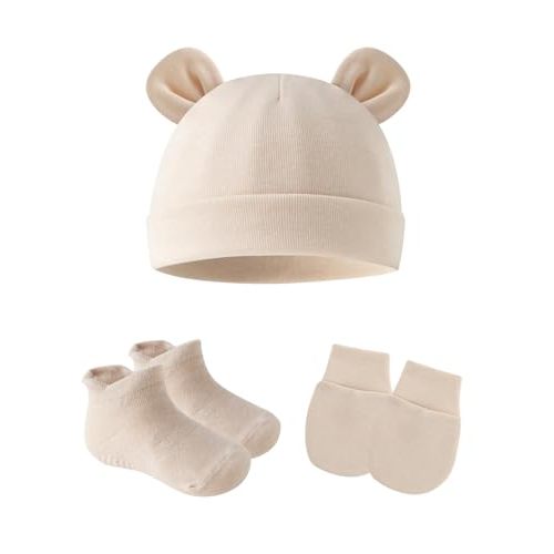 ZURLEFY Cotton Ears Baby Hats Mittens with Socks Set Unisex, No Scratch Mittens and Beanie Cap for Infant Toddler Newborn